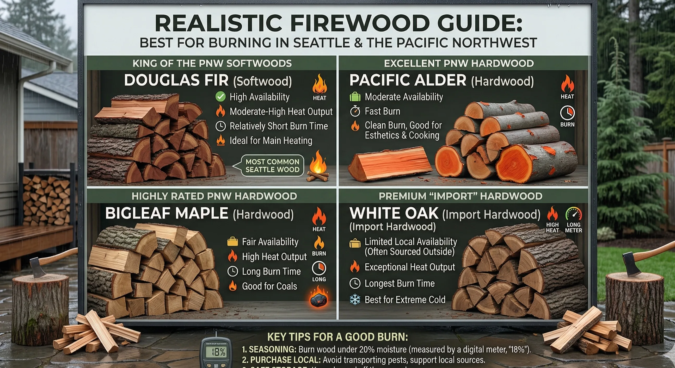 Stacked seasoned firewood for Seattle wood-burning fireplaces
