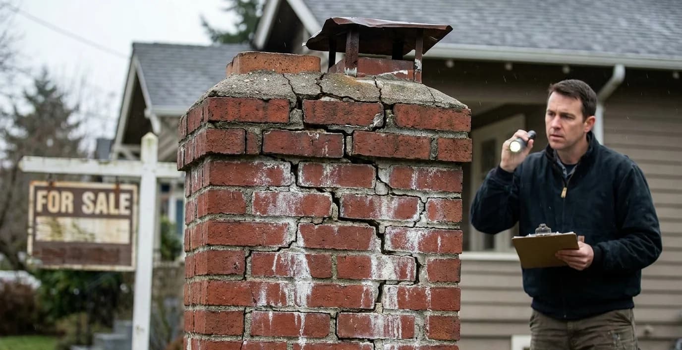 Seattle home buyer inspecting a chimney with visible mortar damage and efflorescence staining