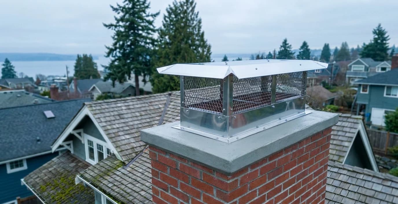 Technician installing a stainless steel multi-flue chimney cap on a brick chimney in Seattle with overcast Pacific Northwest sky