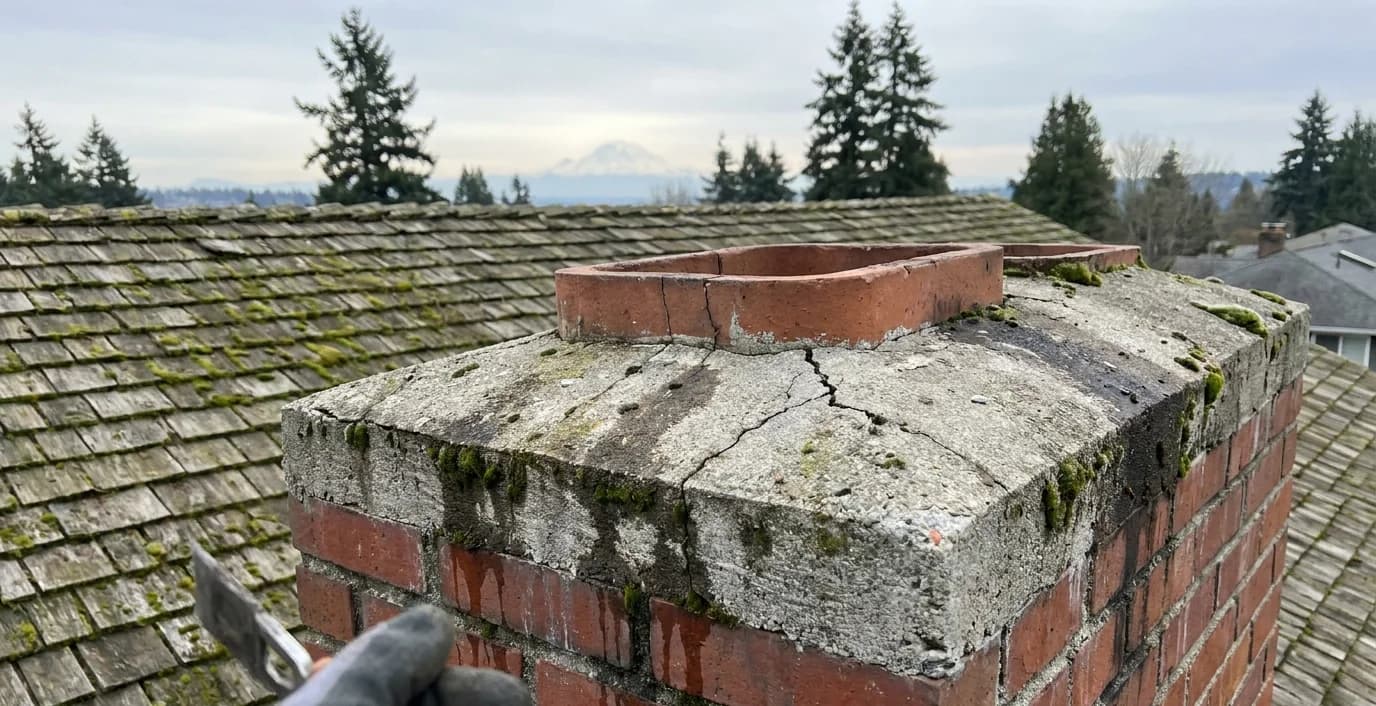 Close-up of a cracked concrete chimney crown being repaired on a Seattle craftsman home with mossy cedar roof