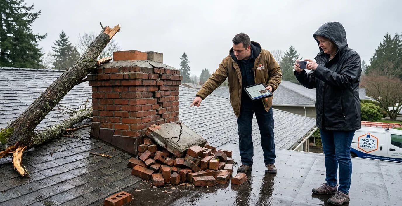 Washington homeowner documenting chimney damage for insurance claim with detailed photos and inspection report