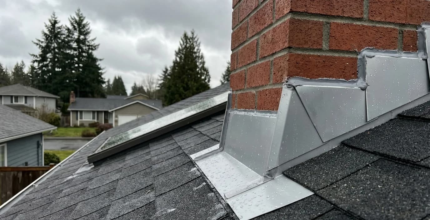 Close-up of step flashing and counter flashing being installed around a brick chimney on a Seattle composition shingle roof