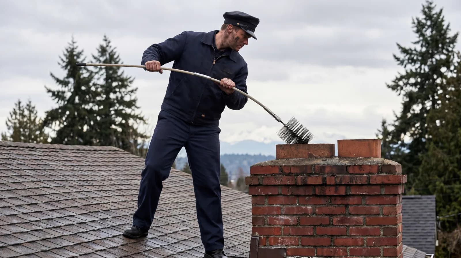 Professional chimney sweep cleaning a red brick chimney on a Seattle Craftsman home