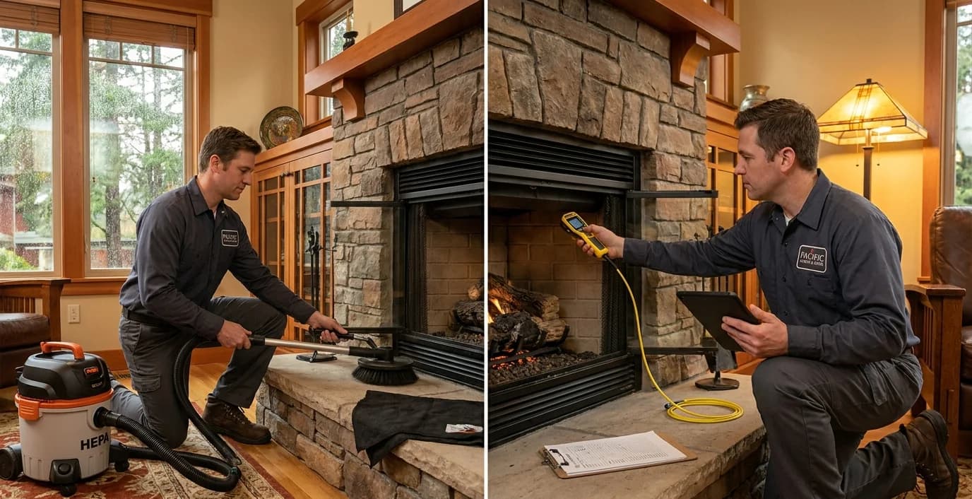 Side-by-side view of a chimney sweep cleaning a flue and a certified inspector using a camera scope in a Seattle home