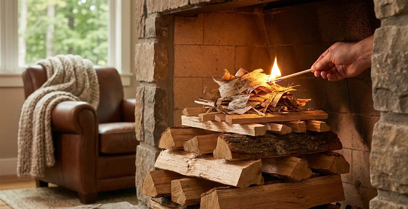Properly built top-down fire in a Seattle fireplace with clean flames and stacked seasoned hardwood logs