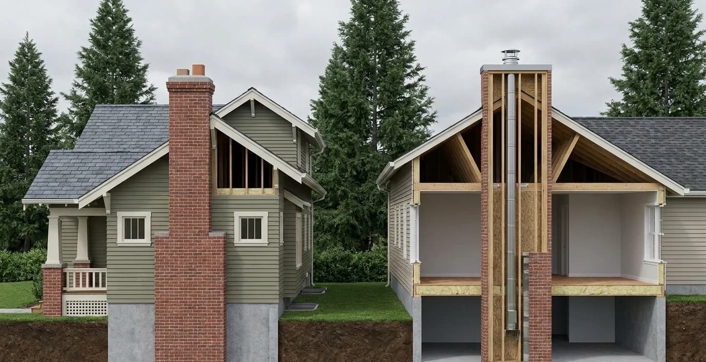 Cutaway comparison of a masonry brick chimney on the left and a metal prefab Class A chimney system on the right in a Seattle home