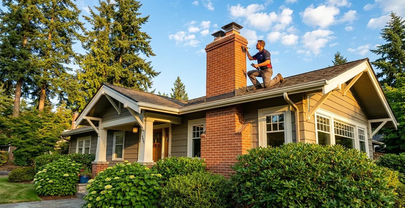 Seattle craftsman home chimney in summer with blue sky and dry weather ideal for repairs