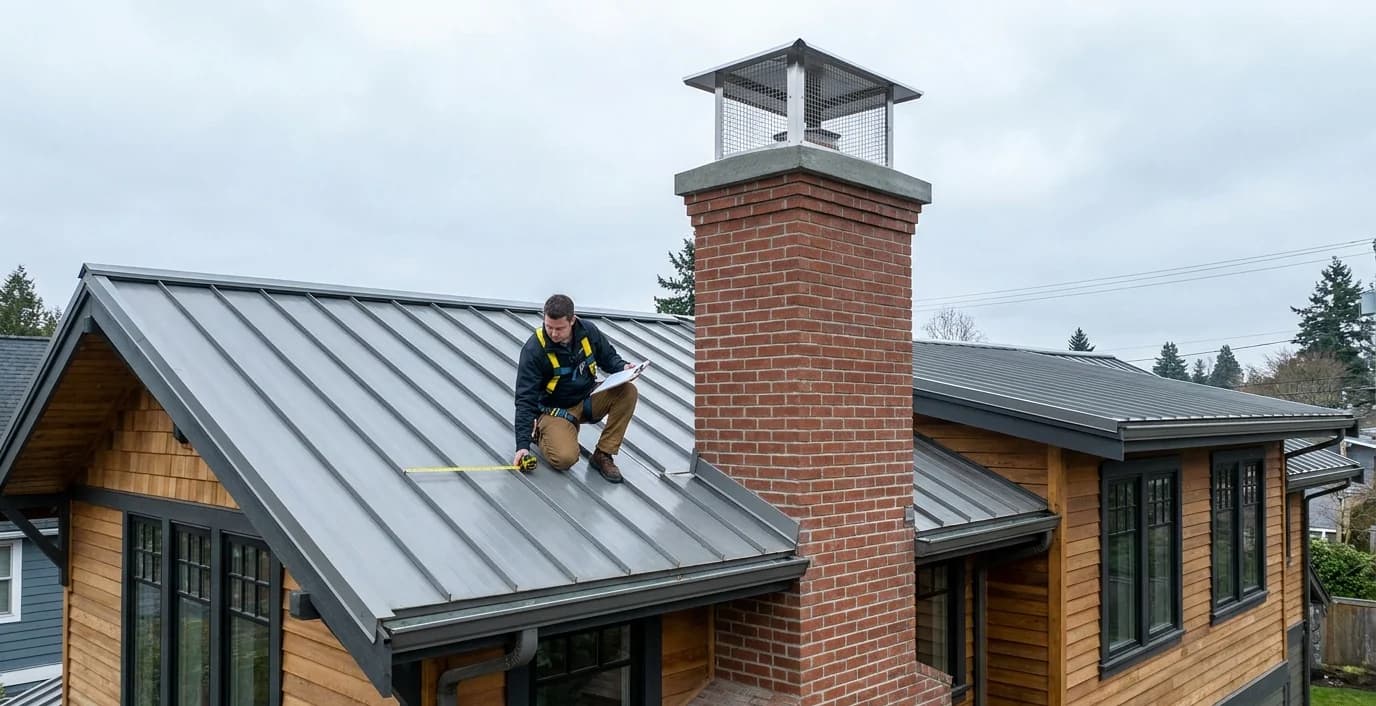 Washington State chimney with code-compliant cap, crown, and clearances on a Pacific Northwest home