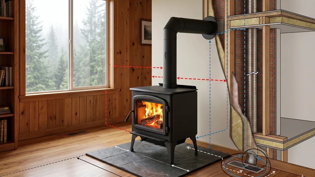 Modern EPA-certified wood stove installed on a code-compliant hearth pad with stainless steel chimney liner in a Washington State home