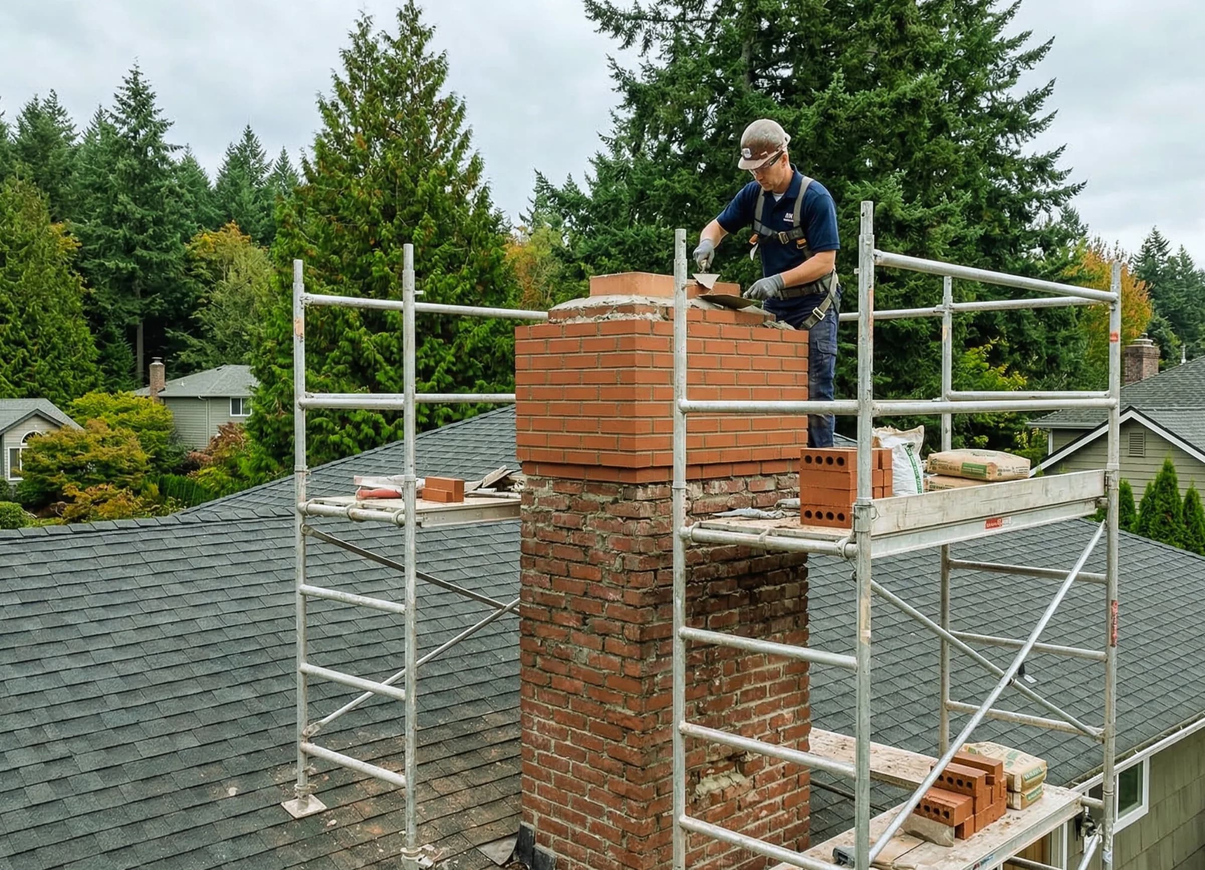 Chimney repair scaffolding on a Seattle home — seismic damage restoration