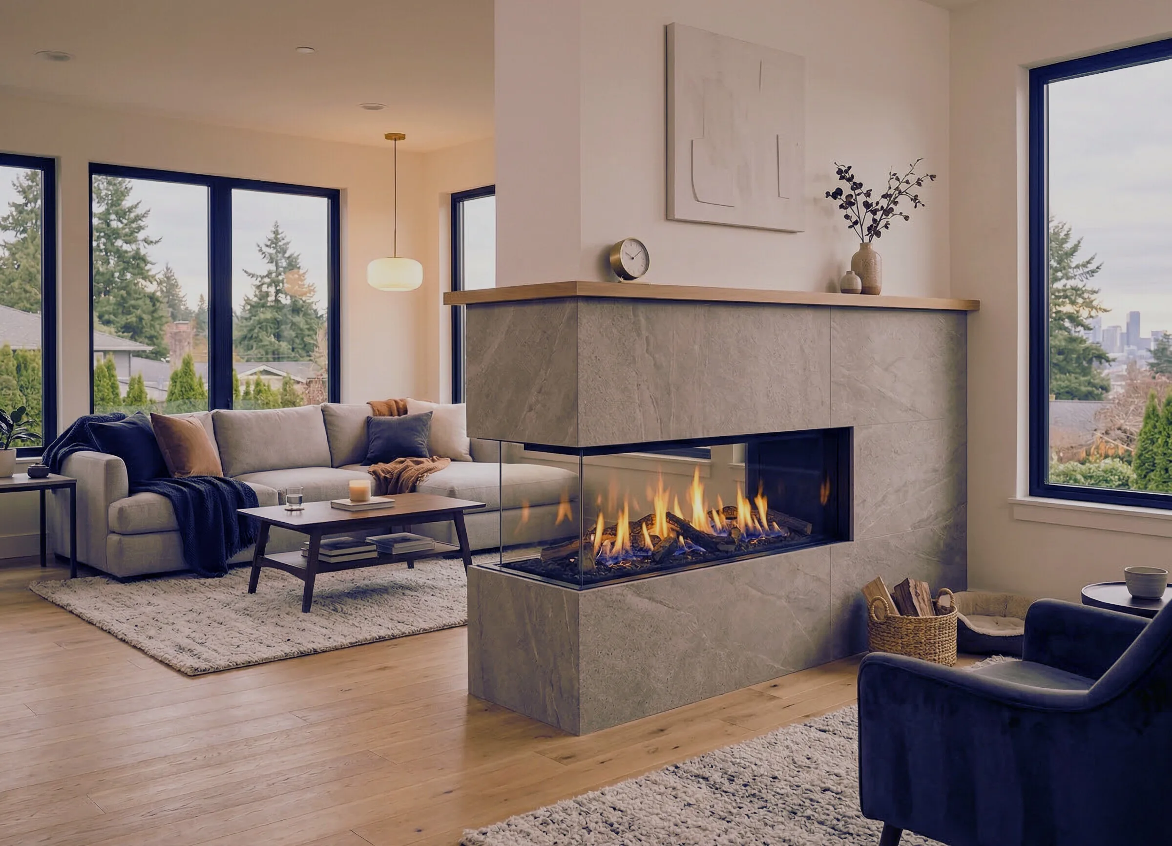 Modern gas fireplace in a Seattle home — clean and efficient heating