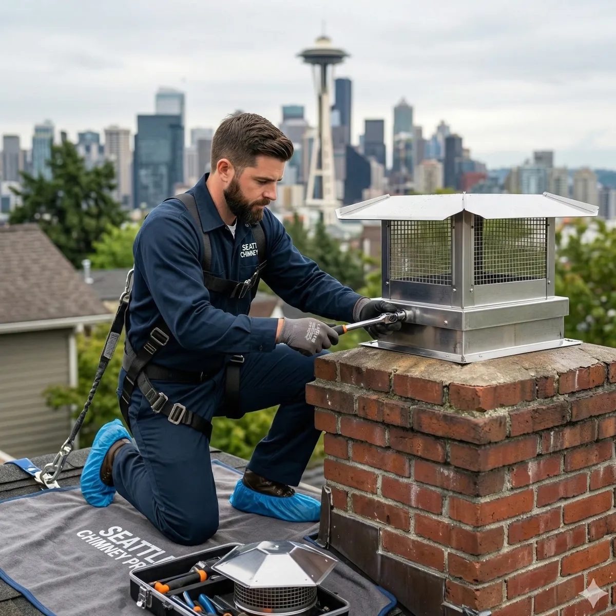 Seattle Chimney Pros installing stainless steel chimney cap on rooftop