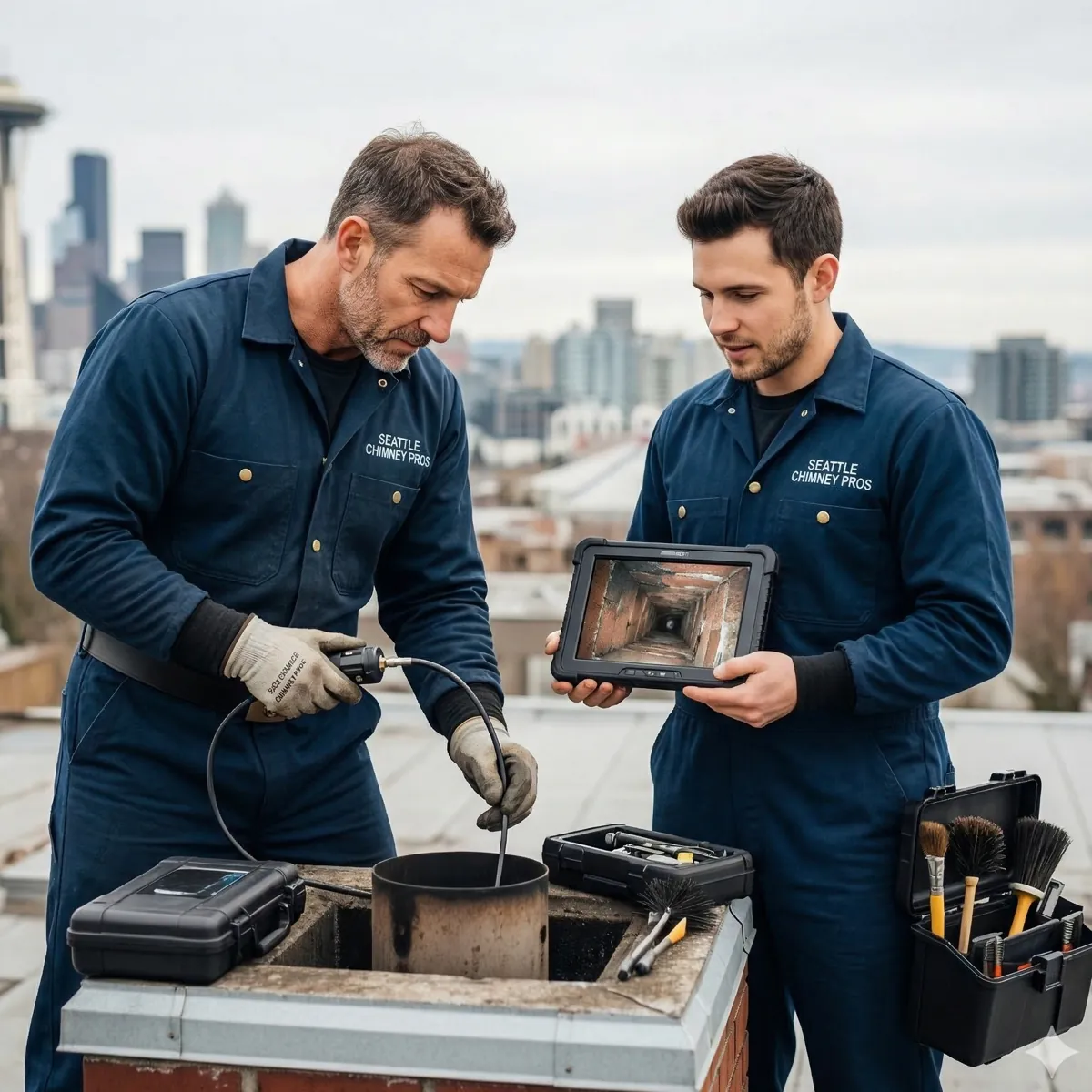Seattle Chimney Pros technician performing Level 2 camera chimney inspection