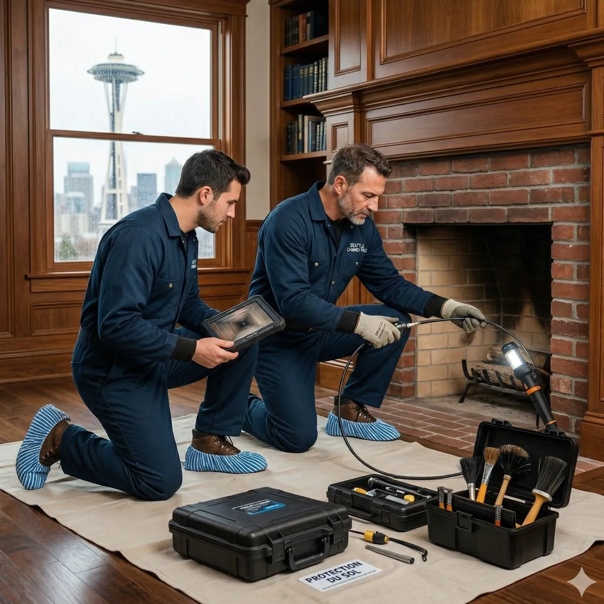 Chimney technicians inspecting fireplace interior