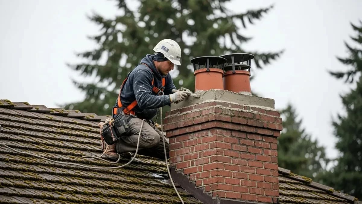 Chimney restoration technician tuckpointing deteriorated brick mortar joints on Seattle craftsman home with overcast Pacific Northwest sky and evergreen trees