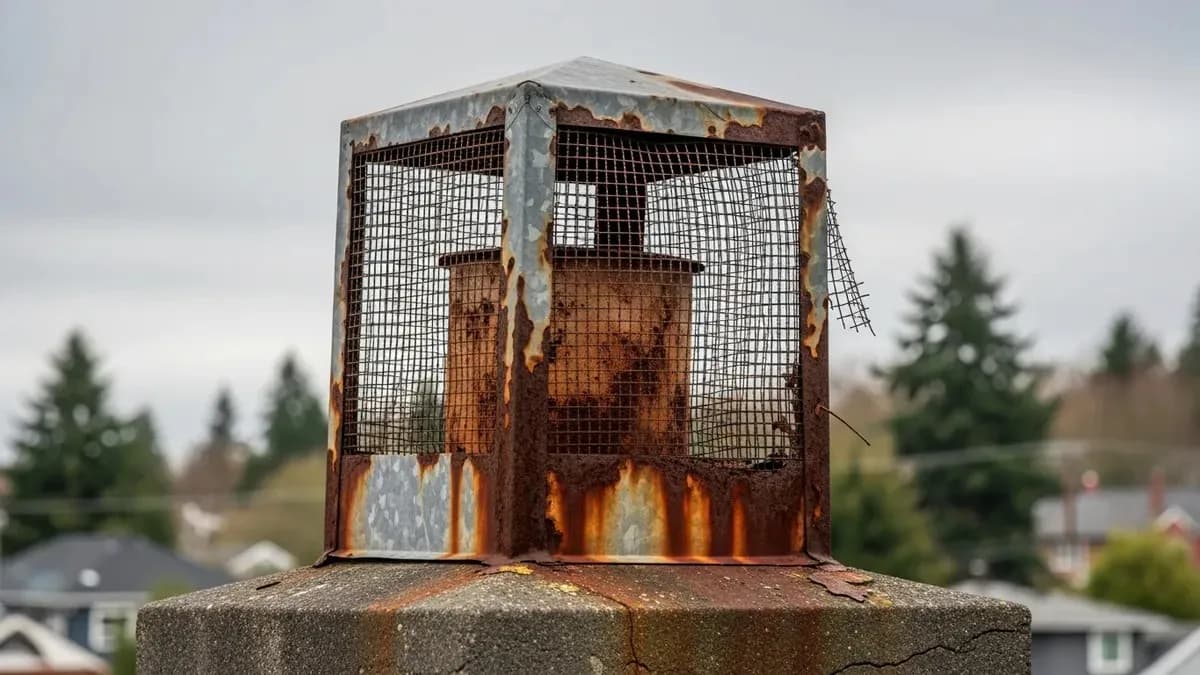 Chimney technician inspecting stainless steel chimney cap on Seattle brick chimney in spring, with Pacific Northwest overcast sky and moss-covered roof shingles visible