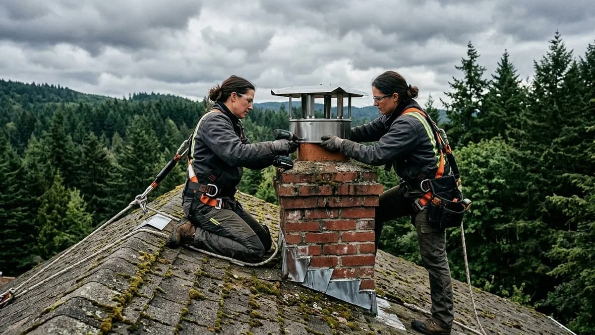 Technician installing a stainless steel chimney cap on a Seattle home with overcast sky and evergreen trees in background