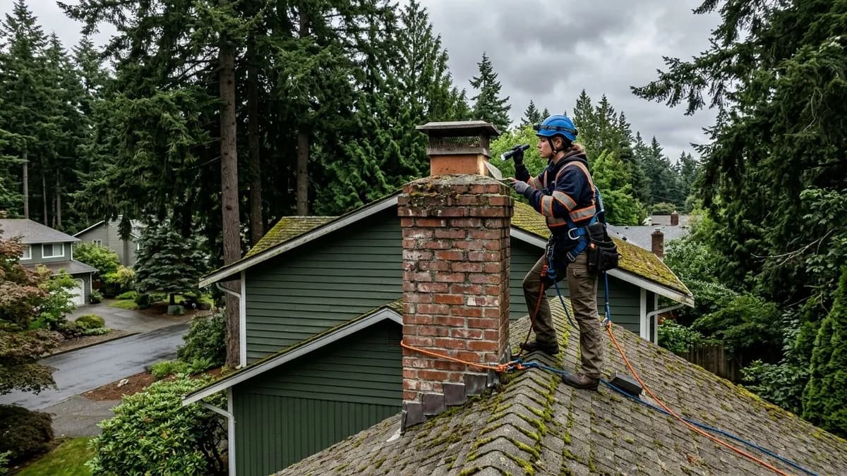 Chimney sweep inspecting a brick chimney on an Eastside Seattle suburban home in Bothell with evergreen trees in the background