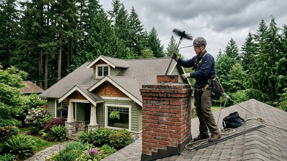 Chimney sweep technician cleaning a brick chimney on a Bothell WA home with evergreen trees in the background