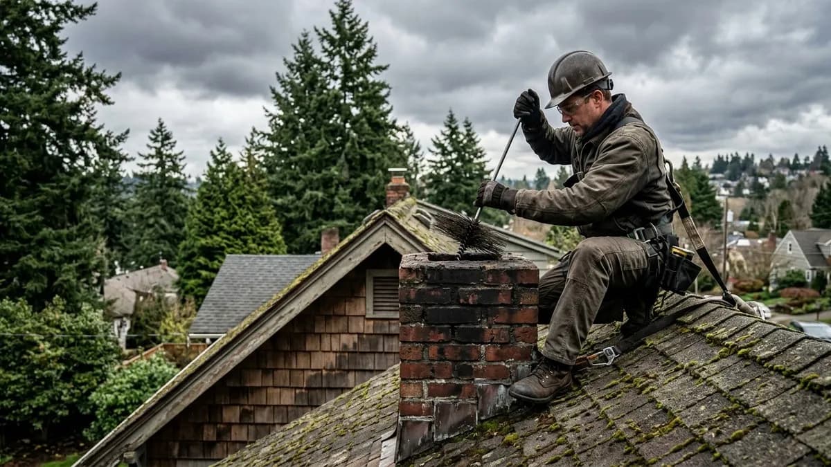 Chimney sweep technician cleaning a brick chimney on a Seattle home with overcast Pacific Northwest sky