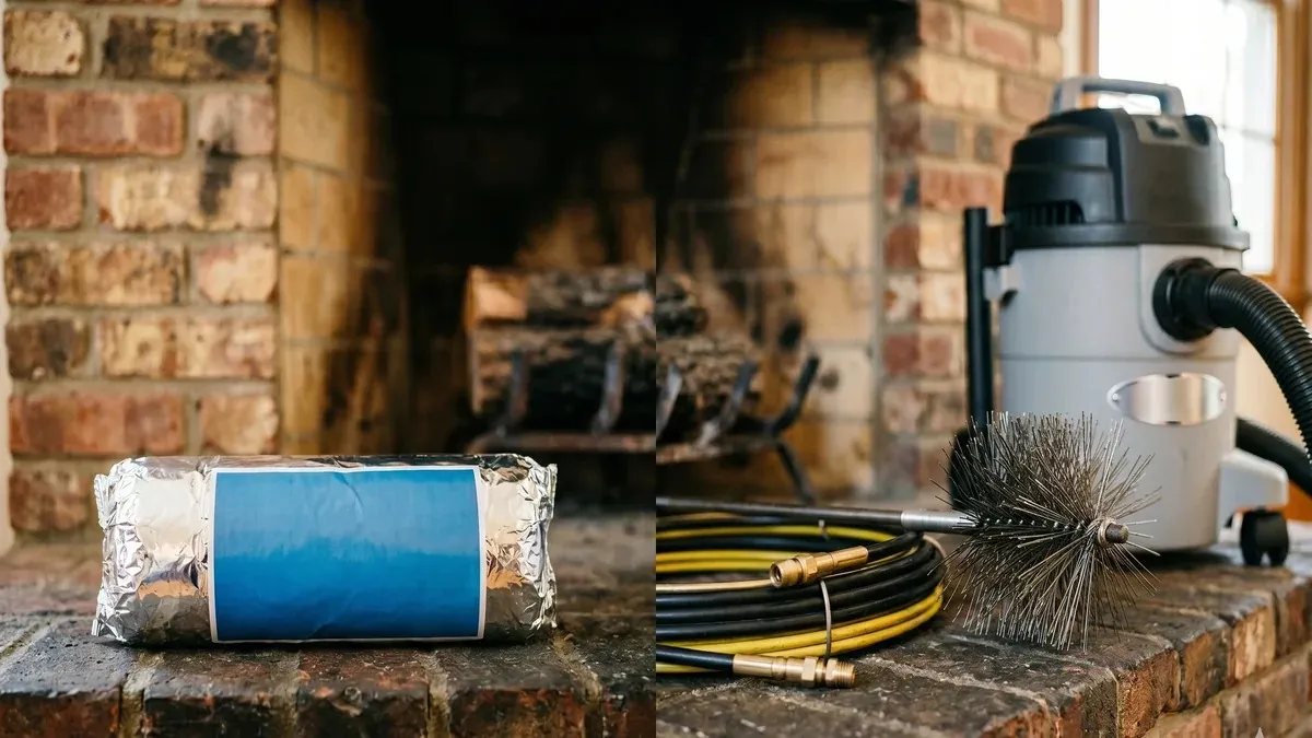 A chimney cleaning log box next to a professional chimney sweep brush with creosote debris on a hearth in a Seattle home