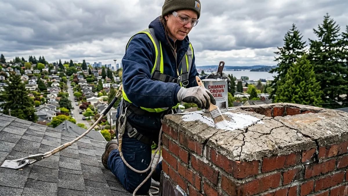 Cracked chimney crown on a Seattle Fremont home being repaired by a technician in summer
