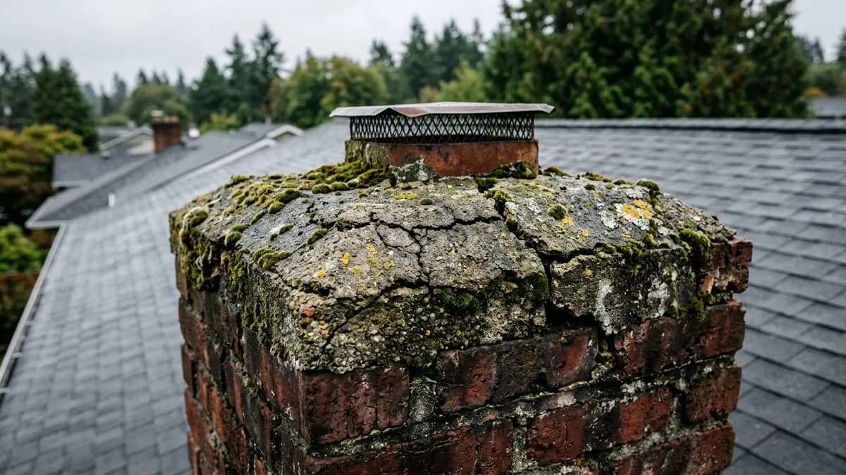 Cracked and deteriorating chimney crown on a Seattle brick chimney with moss and weathering visible