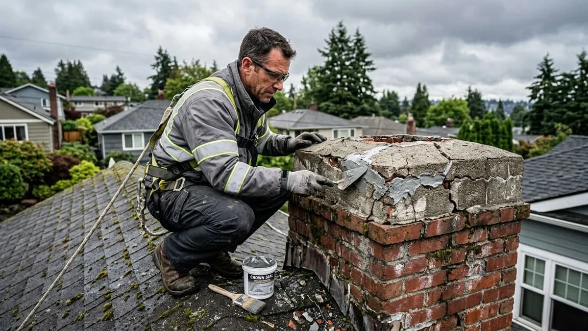 Cracked chimney crown on a Seattle brick chimney being repaired by a technician on a residential rooftop with green Pacific Northwest trees in background