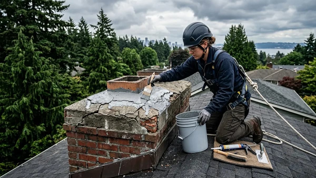 Cracked chimney crown being repaired on a Seattle home with evergreen trees in background