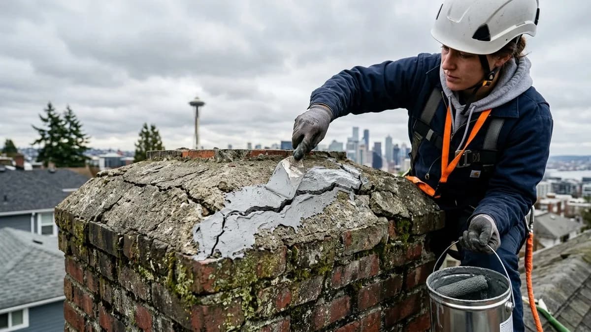 Cracked chimney crown on a Seattle brick chimney being repaired by a technician, Pacific Northwest overcast sky