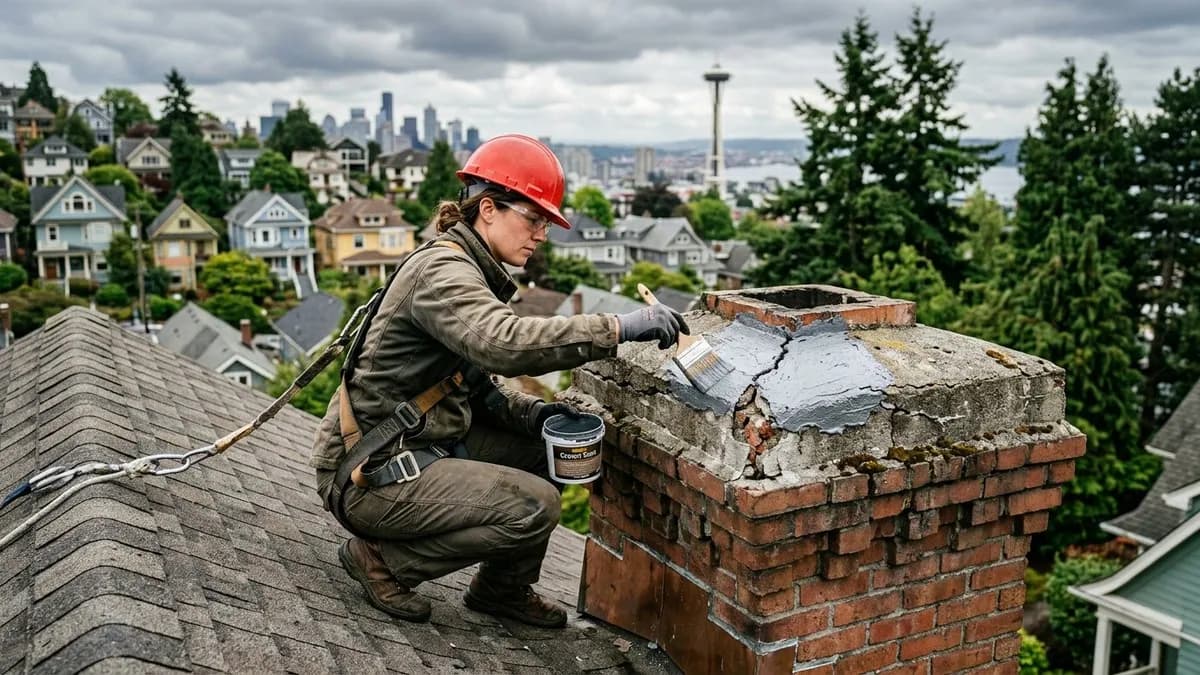 Close-up of a cracked chimney crown on a Queen Anne Seattle home being repaired by a technician