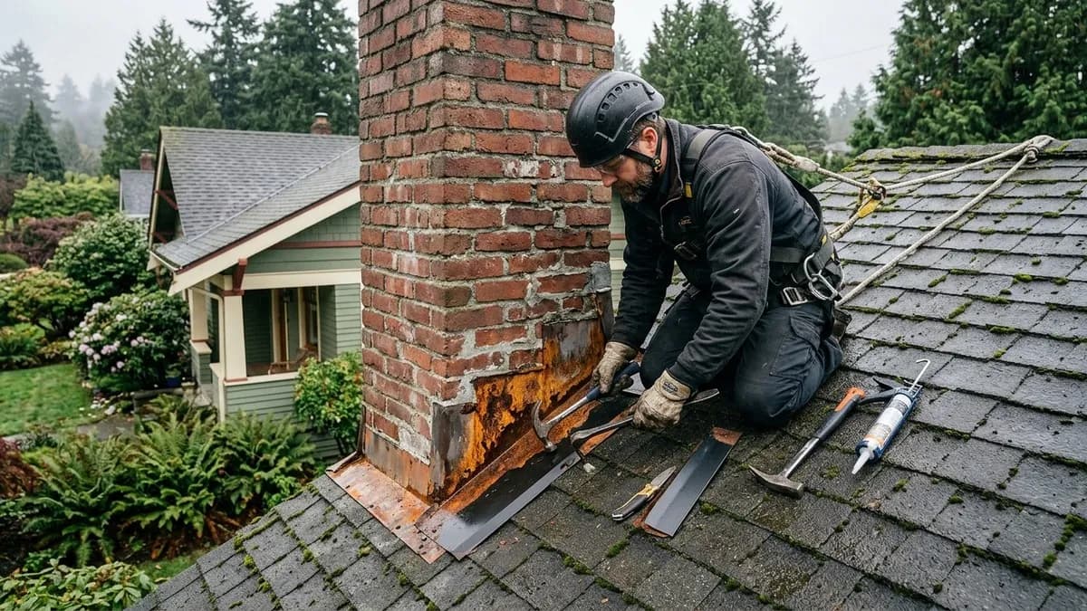 Technician repairing chimney flashing on a Seattle home with overcast Pacific Northwest sky