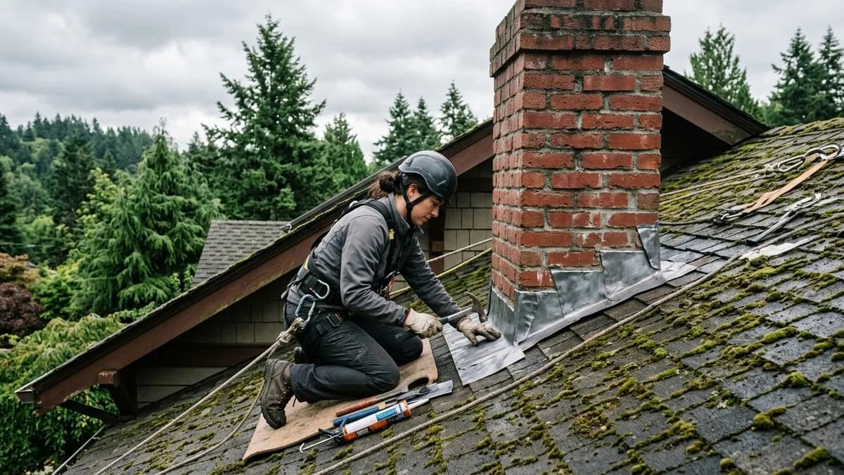 Technician repairing chimney flashing on a Seattle home with overcast Pacific Northwest sky