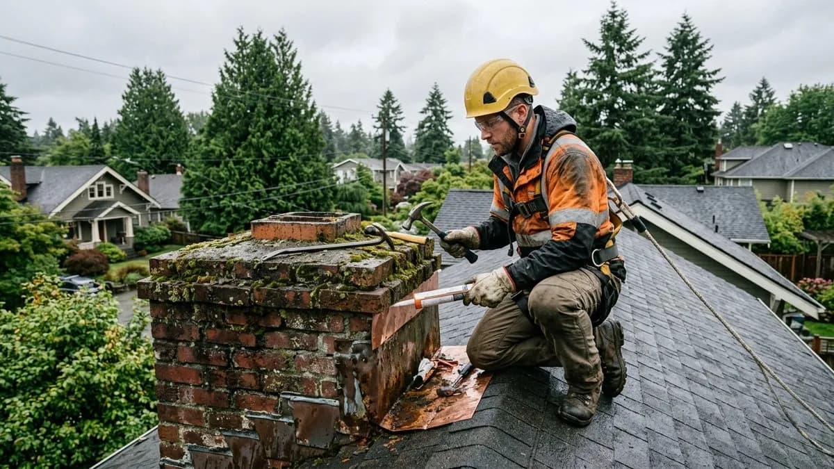 Chimney flashing repair on a Seattle Ballard home with overcast Pacific Northwest sky