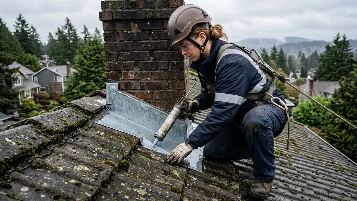 Chimney flashing repair on a Seattle home roof with overcast Pacific Northwest sky