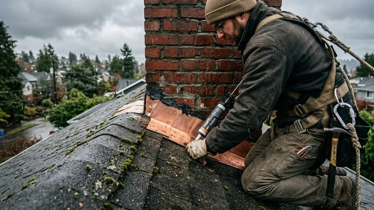 Chimney flashing repair on a Seattle home rooftop, technician applying sealant to step flashing at brick chimney base, overcast sky