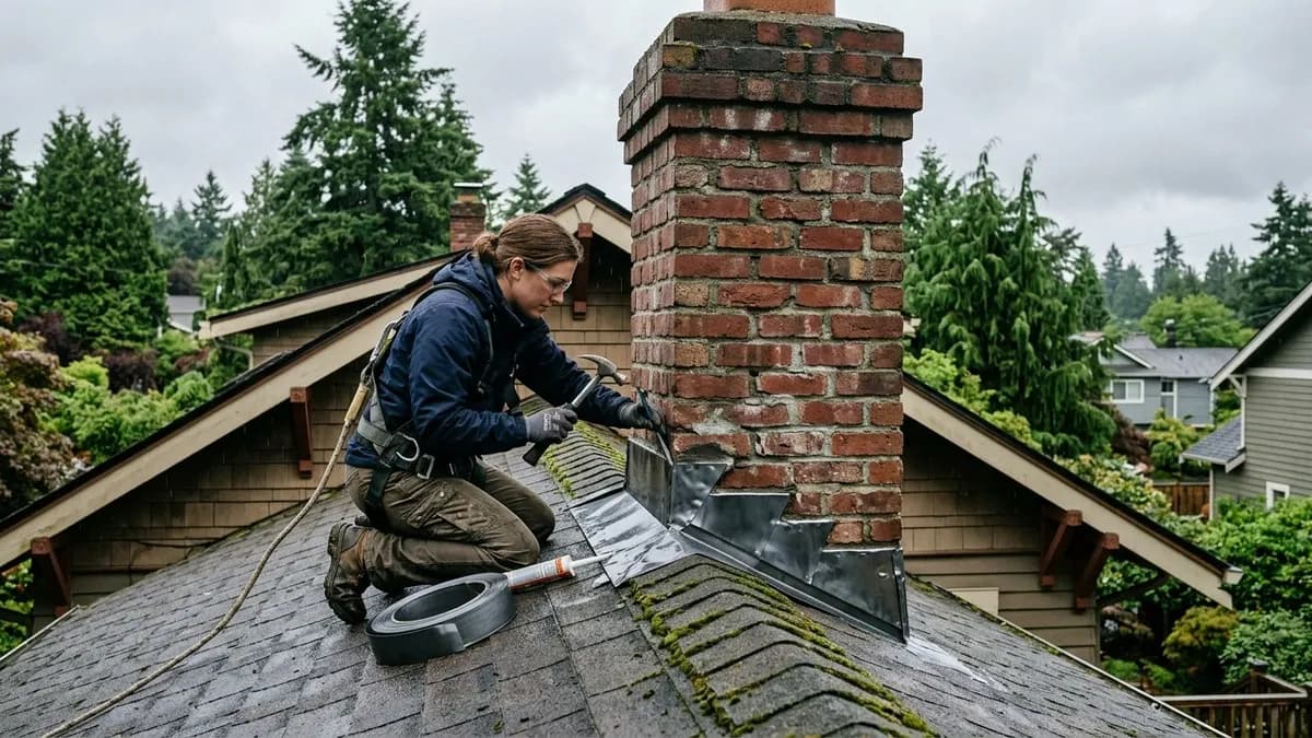 Technician repairing chimney flashing on a Seattle home with mossy roof and overcast sky