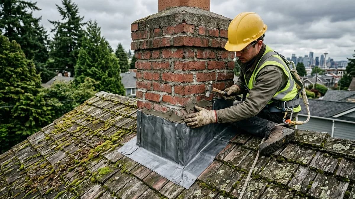 Technician repairing chimney flashing on a brick chimney in Fremont Seattle with overcast Pacific Northwest sky