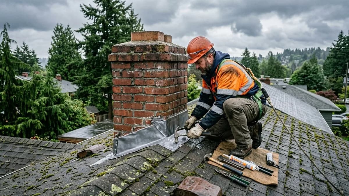Technician repairing chimney flashing on a Seattle home with overcast Pacific Northwest sky