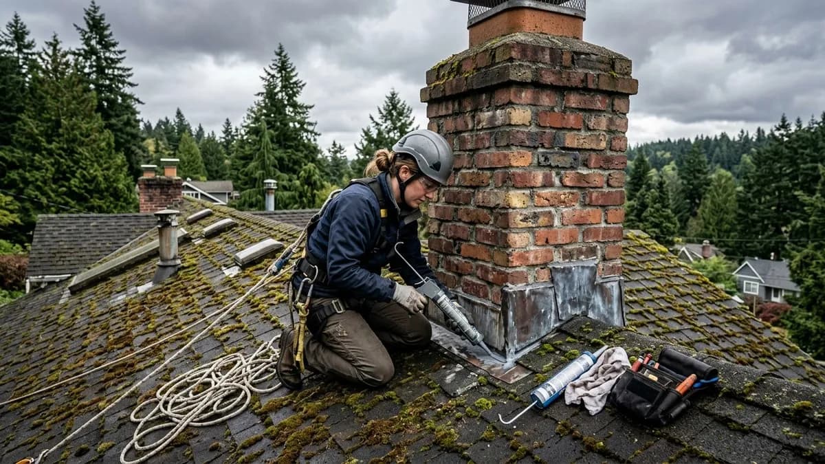 Chimney flashing repair on a Seattle craftsman home with overcast sky and evergreen trees in background