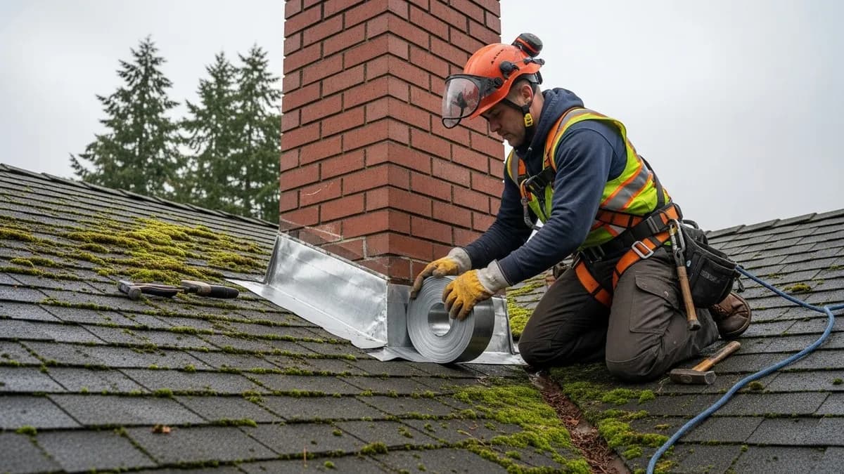 Technician repairing chimney flashing on a Seattle home rooftop with overcast sky and evergreen trees in background