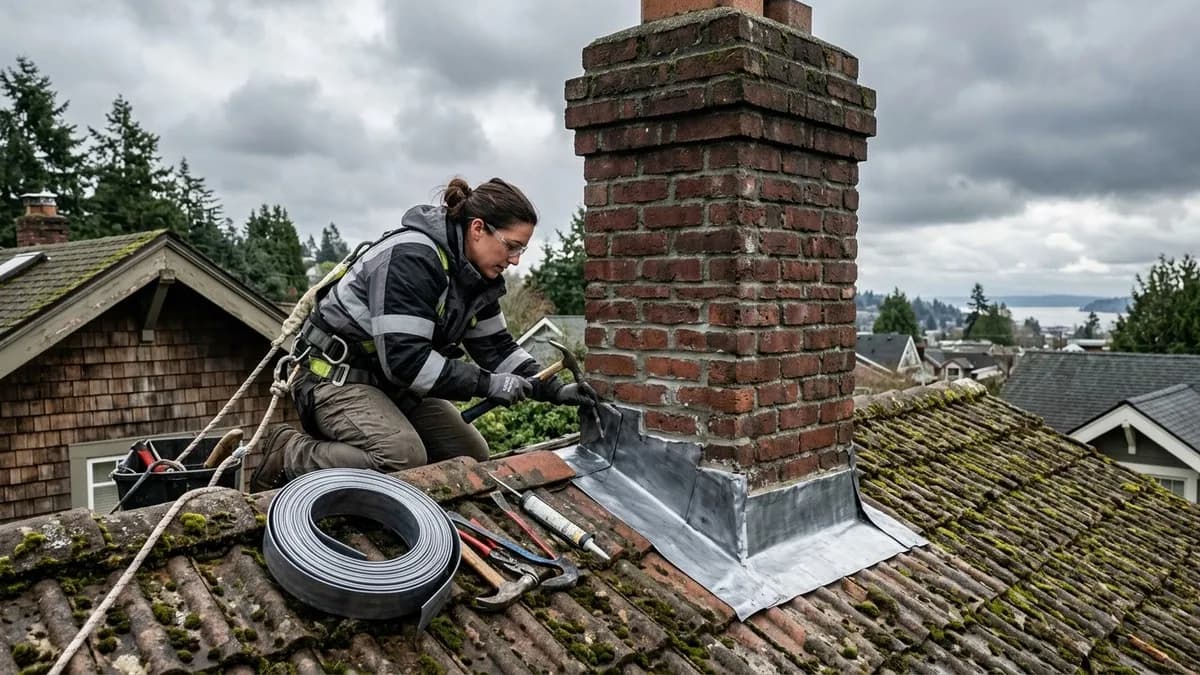 Chimney flashing repair in progress on a Seattle home with overcast Pacific Northwest sky