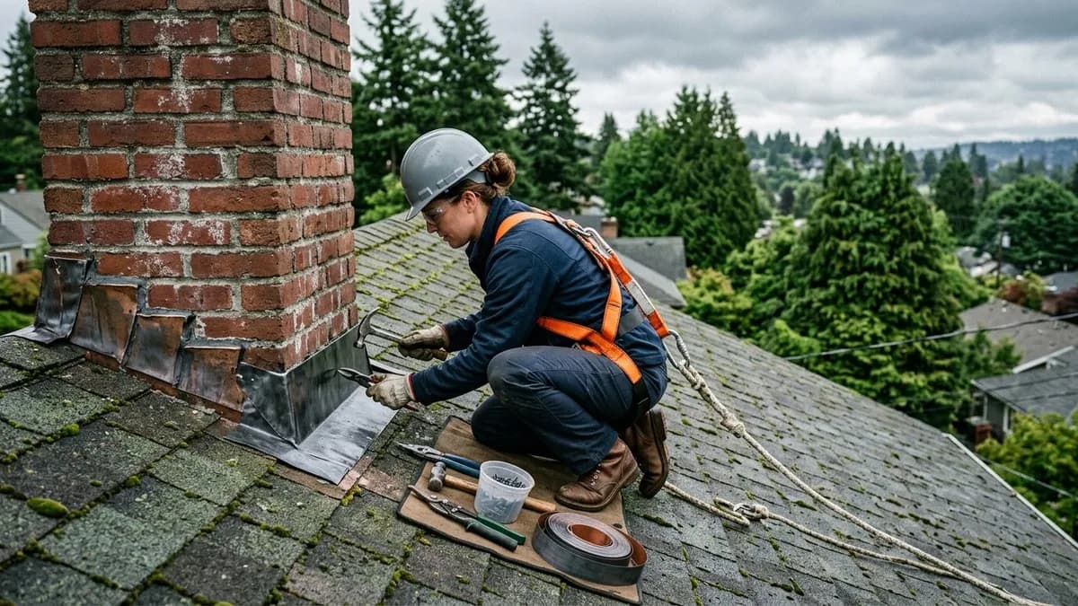 Chimney flashing repair on a Seattle craftsman home with overcast Pacific Northwest sky and evergreen trees in background