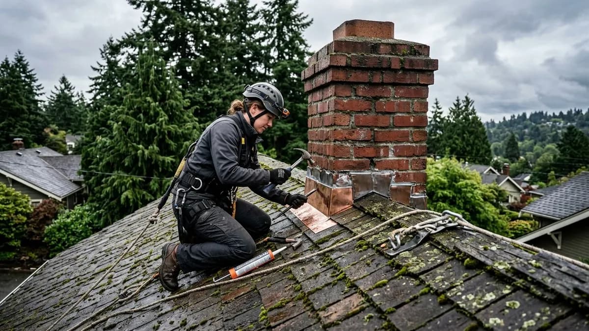 Technician repairing chimney flashing on a Seattle home with overcast Pacific Northwest sky