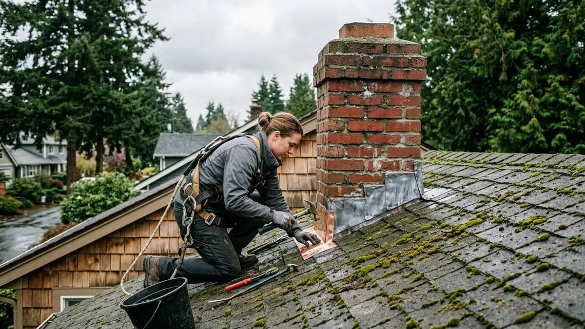 Technician repairing chimney flashing on Seattle home roof with moss and overcast sky