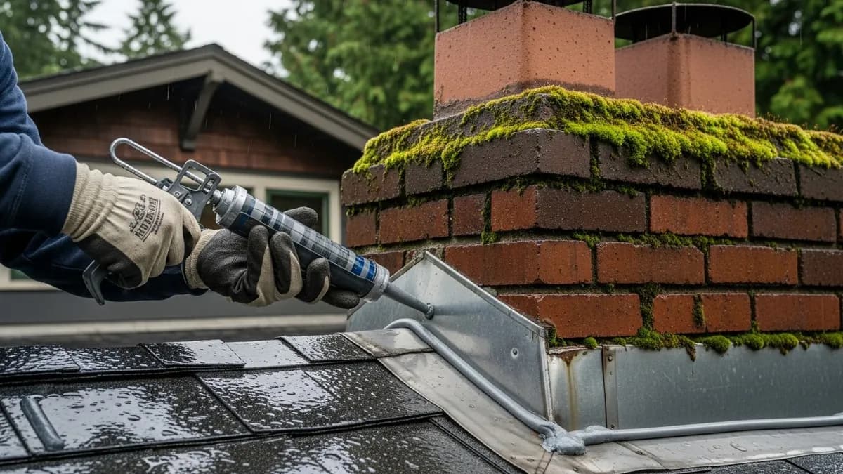 Chimney flashing repair in progress on a Seattle craftsman home with overcast Pacific Northwest sky