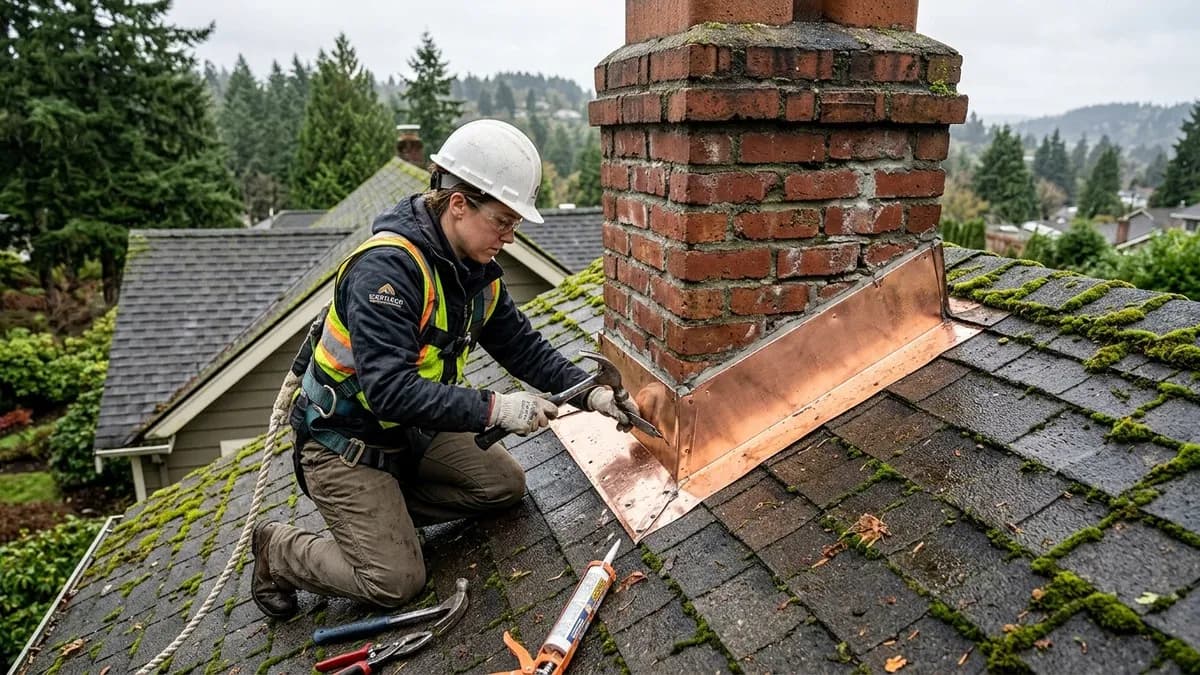 Technician repairing chimney flashing on a Ballard Seattle home with overcast Pacific Northwest sky