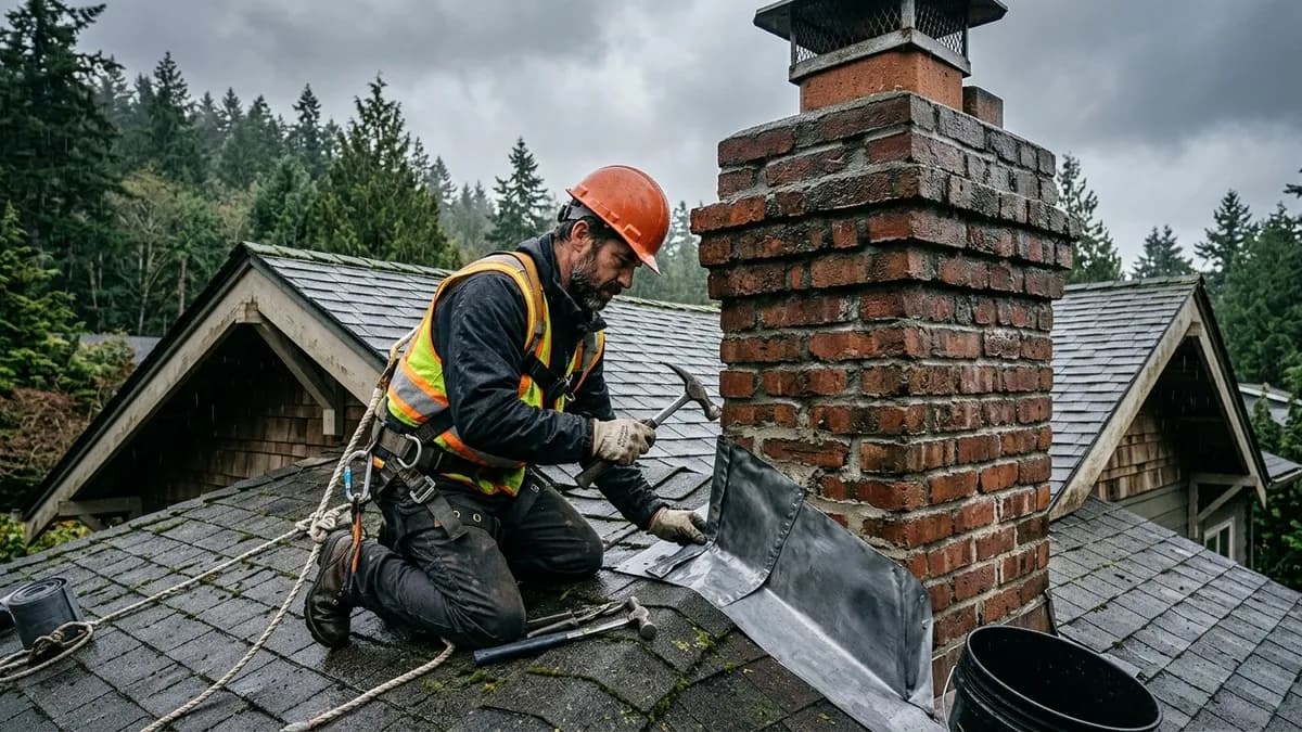 Technician repairing chimney flashing on a Seattle craftsman home with overcast sky and evergreen trees in background
