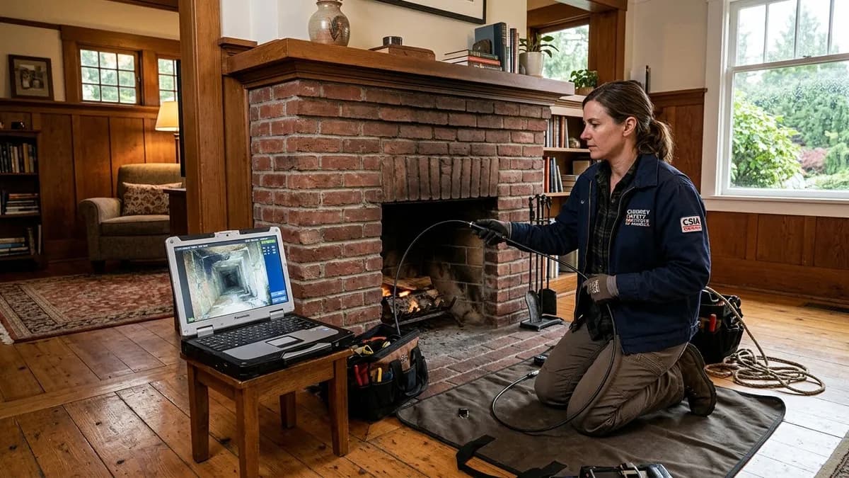 Chimney inspector using a camera scope to inspect a Seattle fireplace flue during a Level 2 inspection