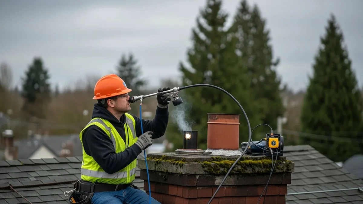 CSIA-certified chimney inspector using a camera scope to inspect a flue on a Fremont Seattle home on a cloudy Pacific Northwest day